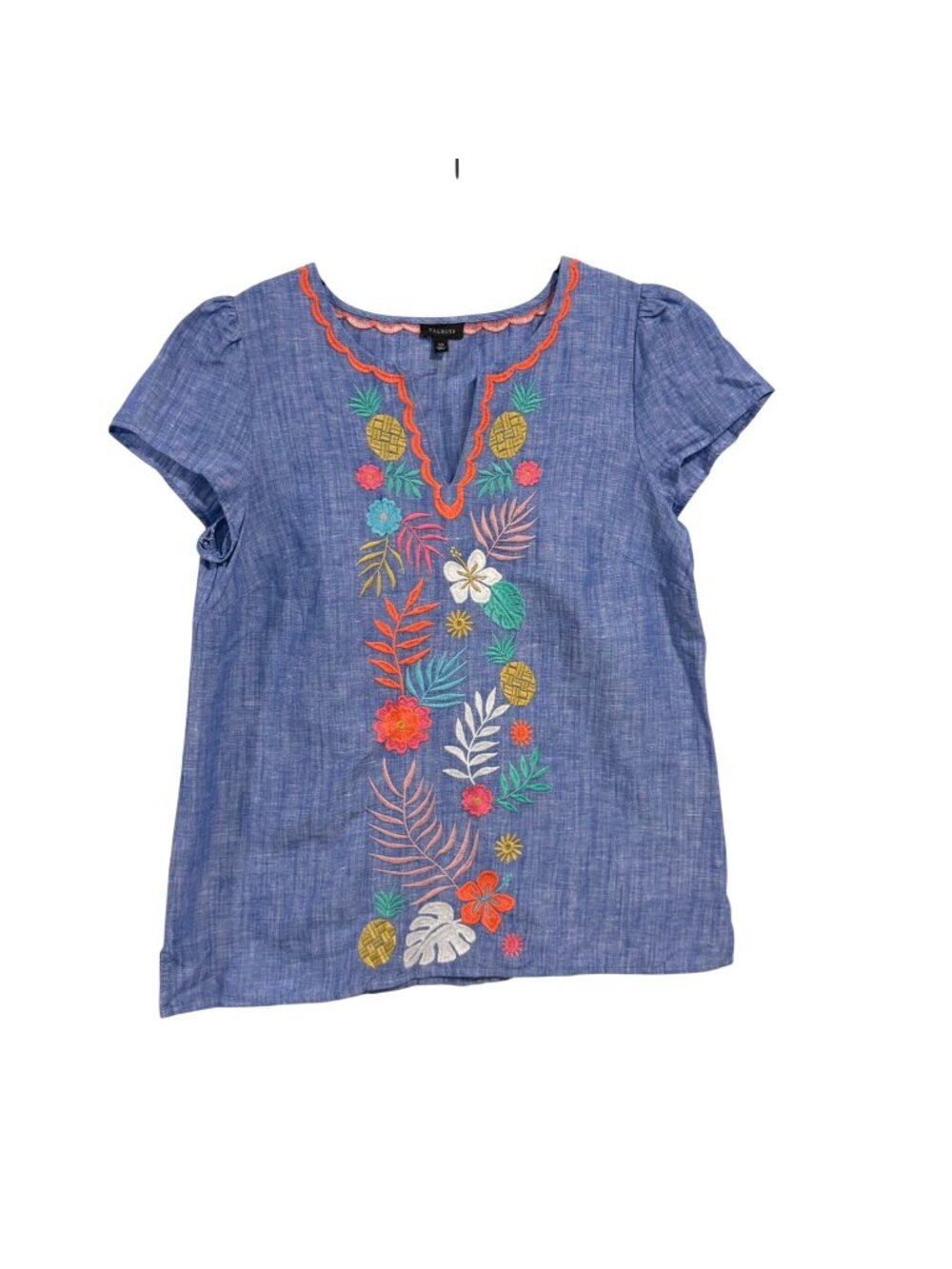 Talbots Embroidered Split Neck Boho Peasant Blouse Linen Blend Size XS